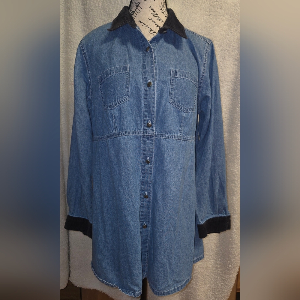 Vintage New Addition Maternity Long Sleeve Blue Denim Shirt  Corduroy Trim Sz S